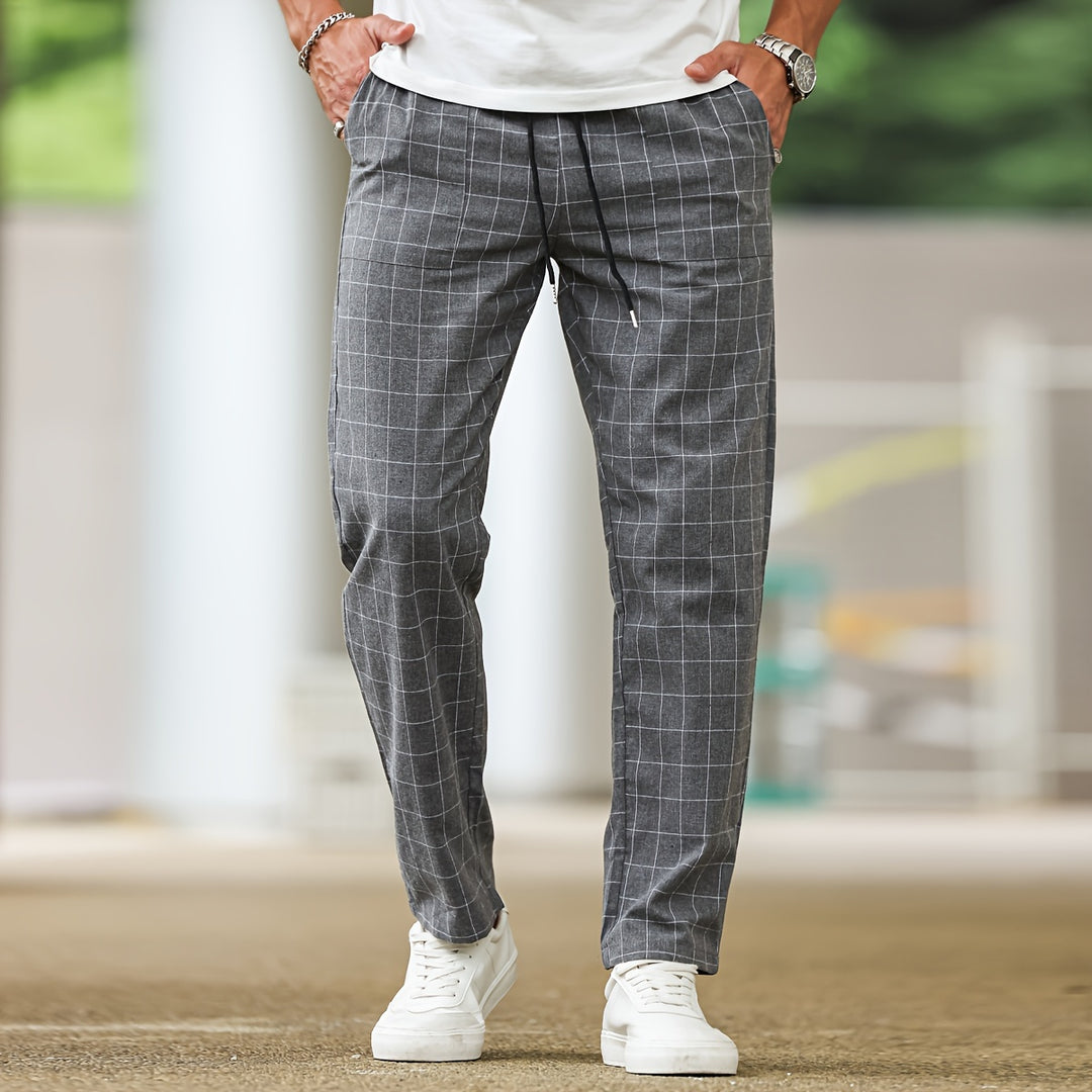 Men's Casual Striped Plaid Pants - Polyester, Drawstring Waist, Perfect for Spring/Fall