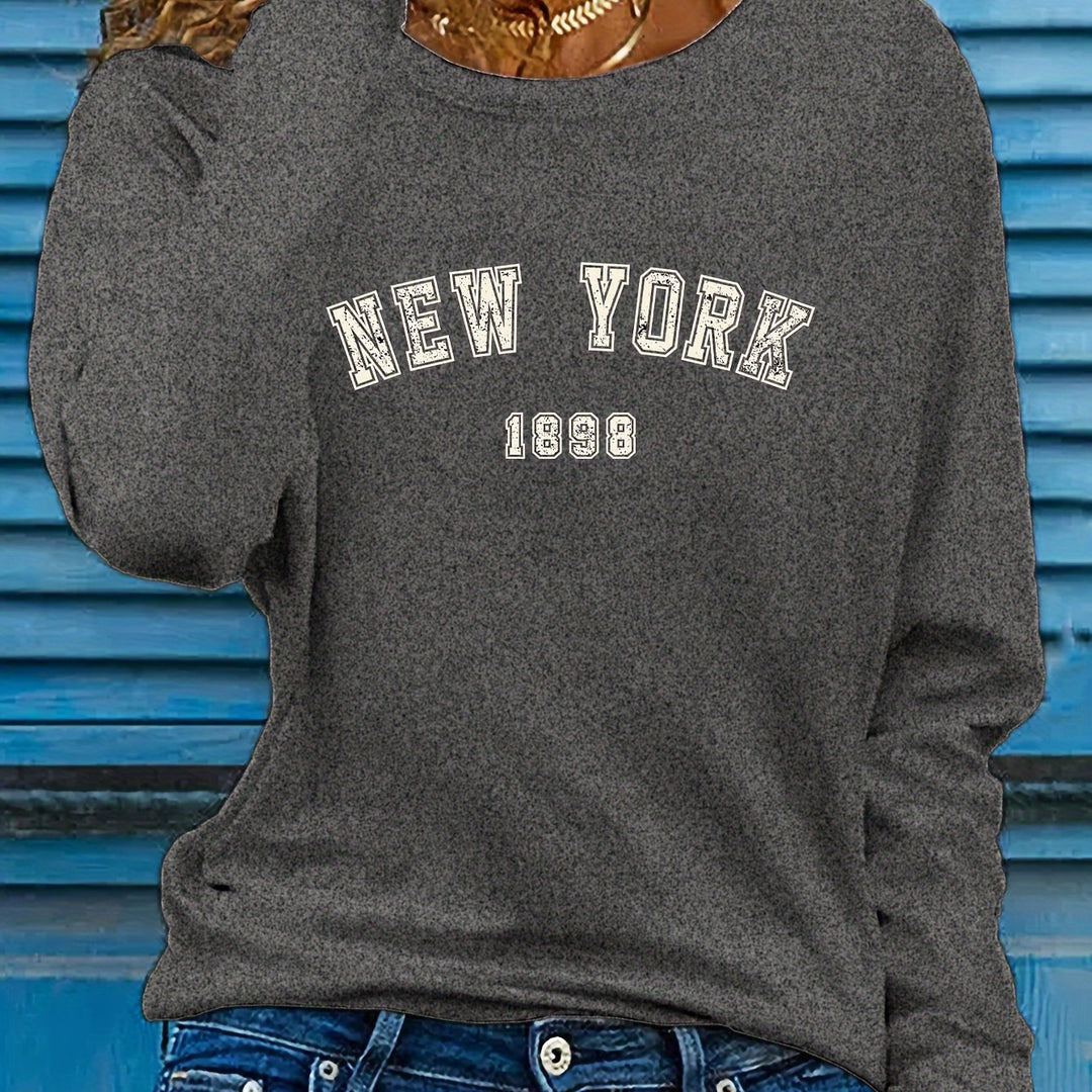 New York Print Crew Neck T-shirt, Casual Long Sleeve Top For Spring & Fall, Women's Clothing