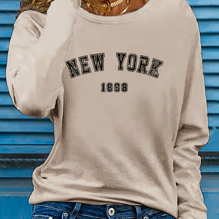 New York Print Crew Neck T-shirt, Casual Long Sleeve Top For Spring & Fall, Women's Clothing