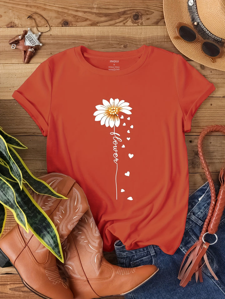 Faith Letter & Flower Print T-shirt, Casual Short Sleeve Crew Neck Top, Women's Clothing, Valentine's Day