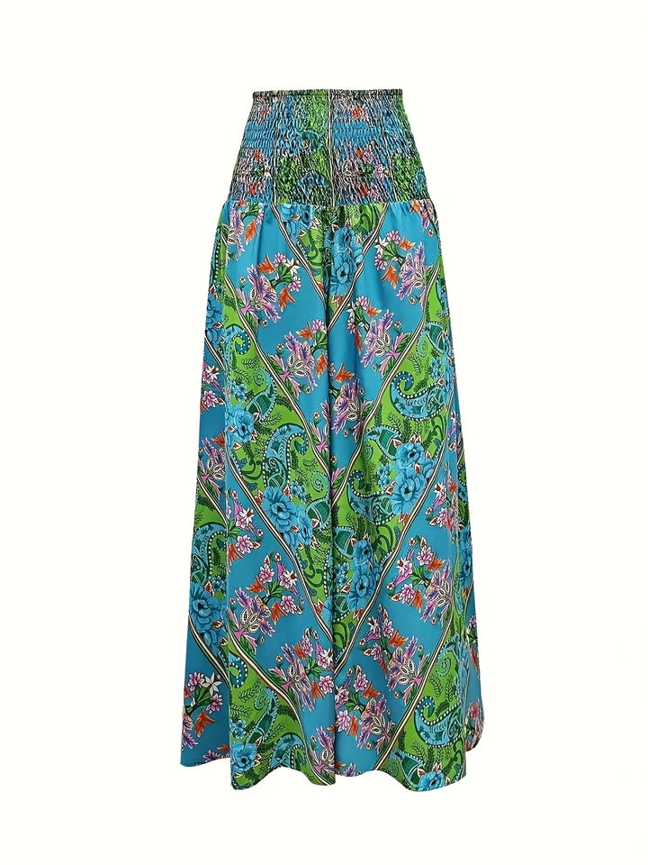 Floral Print Wide Leg Pants, Boho Shirred High Waist Loose Flare Pants For Spring & Summer, Women's Clothing