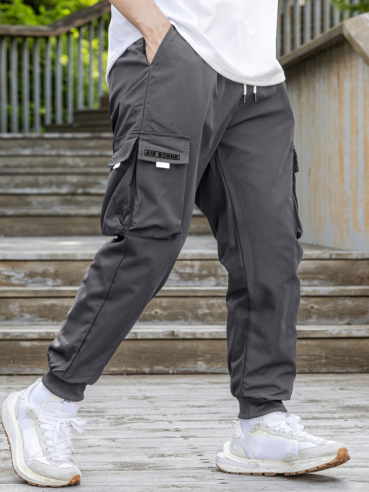 Loose Men's Comfy Cargo Pants With Flap Pockets, Drawstring Jogger Pants