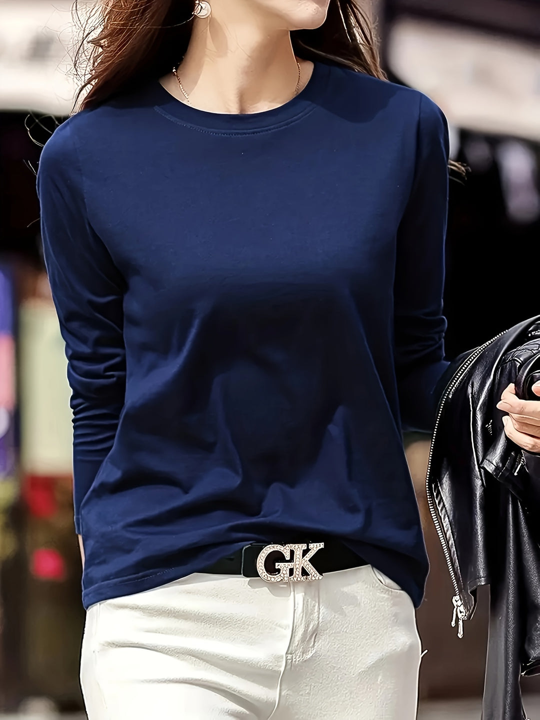 Solid Long Sleeve T-Shirt, Crew Neck Casual Every Day Top For Spring & Fall, Women's Clothing