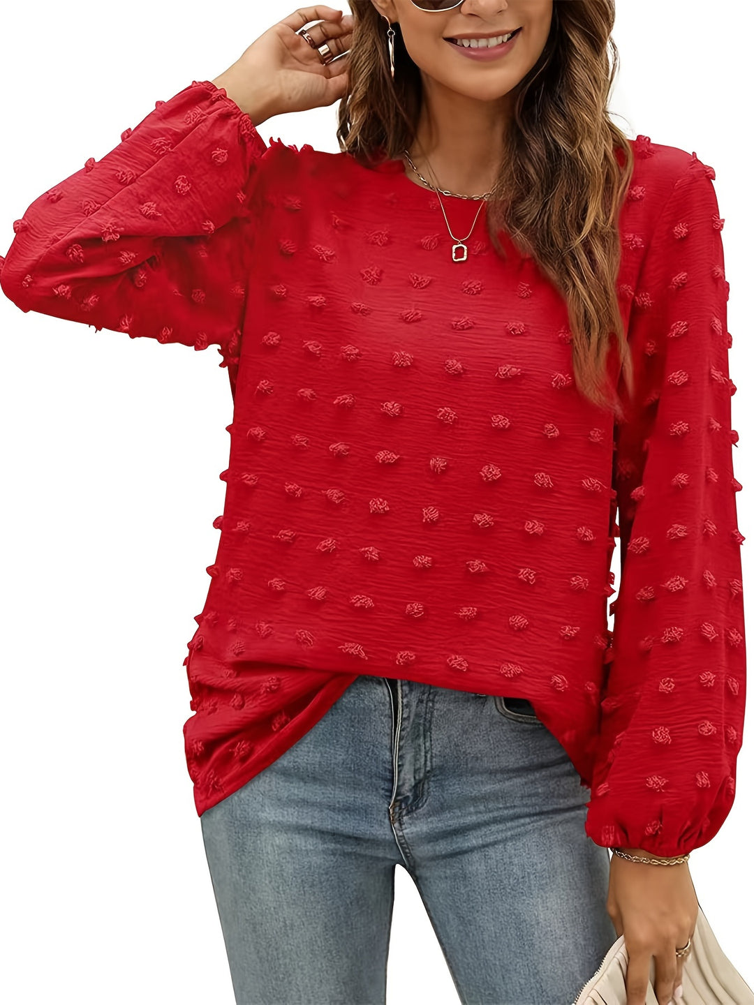 Plus Size elegant Top, Women's Plus Solid Swiss Dot Lantern Sleeve Round Neck Tunic Top