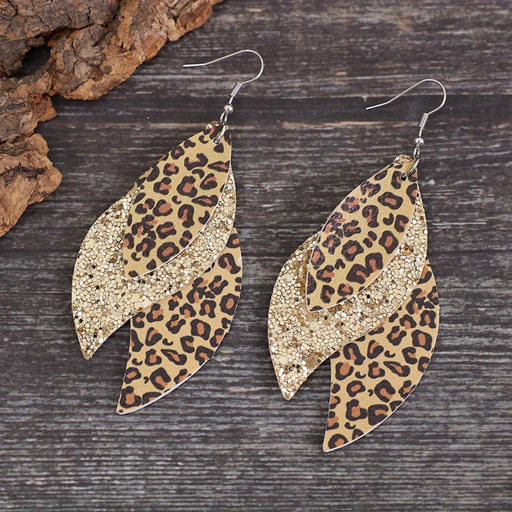 Vintage Triple Leopard PU Leather Sequin Layer Earrings